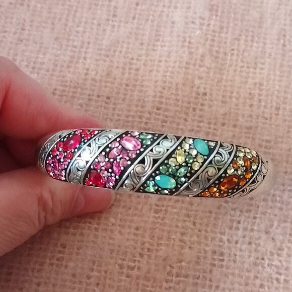 Brighton Crystal Voyage Bracelet--Silver Tone Hinged Bangle w/Rainbow Stones - Picture 2 of 4